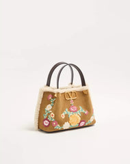 Valentino Garavani Small Shopping Bag In Embroidered Suede With Sheepskin Lining