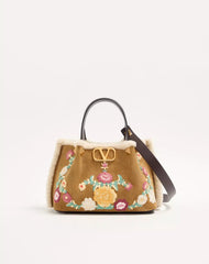 Valentino Garavani Small Shopping Bag In Embroidered Suede With Sheepskin Lining