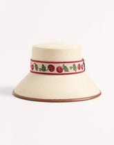 Cherryfic Straw Bucket Hat With Leather Trim And Cherryfic Ribbon