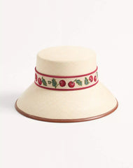 Cherryfic Straw Bucket Hat With Leather Trim And Cherryfic Ribbon