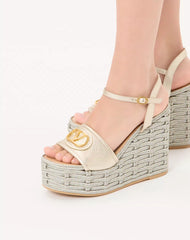 VLogo Signature Wedge Sandal In Laminated Grainy Calfskin 120Mm