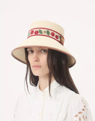 Cherryfic Straw Bucket Hat With Leather Trim And Cherryfic Ribbon