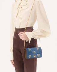 Valentino Garavani VLogo Signature Mini Shoulder Bag In Denim With Floral Embroidery