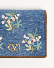 Valentino Garavani VLogo Signature Wallet In Denim With Floral Embroidery