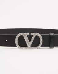 VLogo Signature Belt In Shiny Calfskin With Crystals 30 Mm