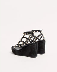Rockstud Ankle Strap Wedge Sandal In Calfskin Leather 95 Mm