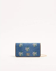Valentino Garavani VLogo Signature Mini Shoulder Bag In Denim With Floral Embroidery