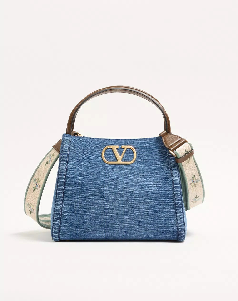 Valentino Garavani Alltime Medium Handbag In Denim With Embroidered Strap