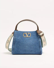 Valentino Garavani Alltime Medium Handbag In Denim With Embroidered Strap