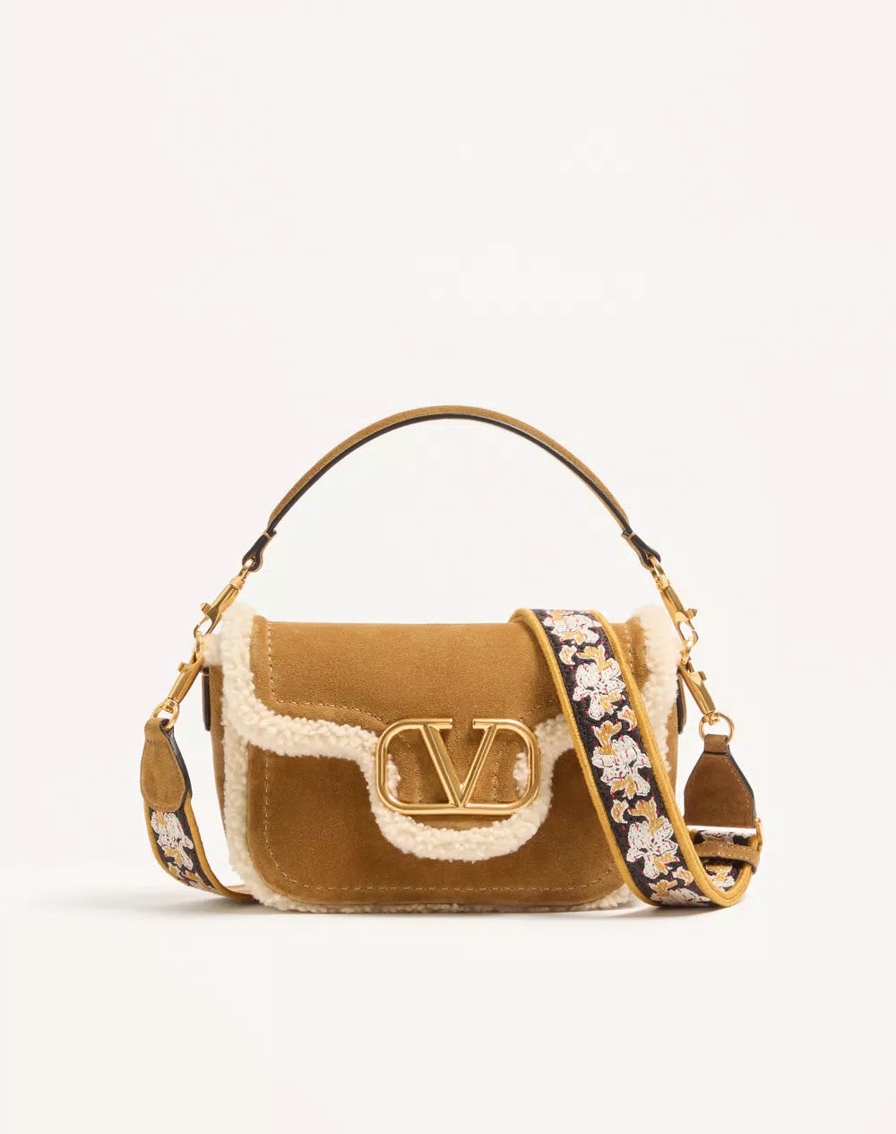 Valentino Garavani Alltime Suede Shoulder Bag With Sheepskin Lining And Embroidered Ribbon Shoulder Strap