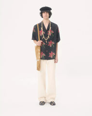 Valentino Linen Bowling Shirt With Papier Floral Print