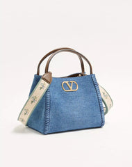 Valentino Garavani Alltime Medium Handbag In Denim With Embroidered Strap