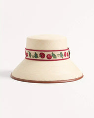 Cherryfic Straw Bucket Hat With Leather Trim And Cherryfic Ribbon