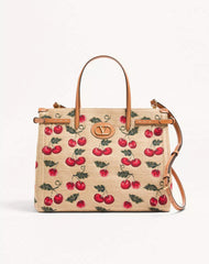 Valentino Garavani Antibes Medium Shopping Bag In Jacquard Raffia With Cherryfic Motif