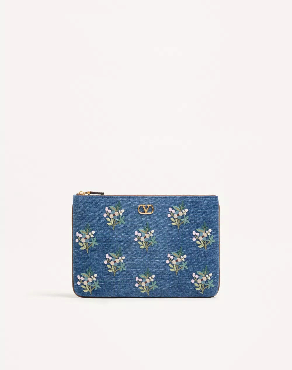 Valentino Garavani VLogo Signature Clutch Bag In Denim With Floral Embroidery