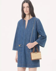 Mini Rockstud Shopping Bag In Raffia