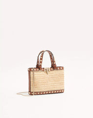 Mini Rockstud Shopping Bag In Raffia