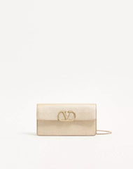 VLogo Signature Laminated Grainy Calfskin Wallet With Chain