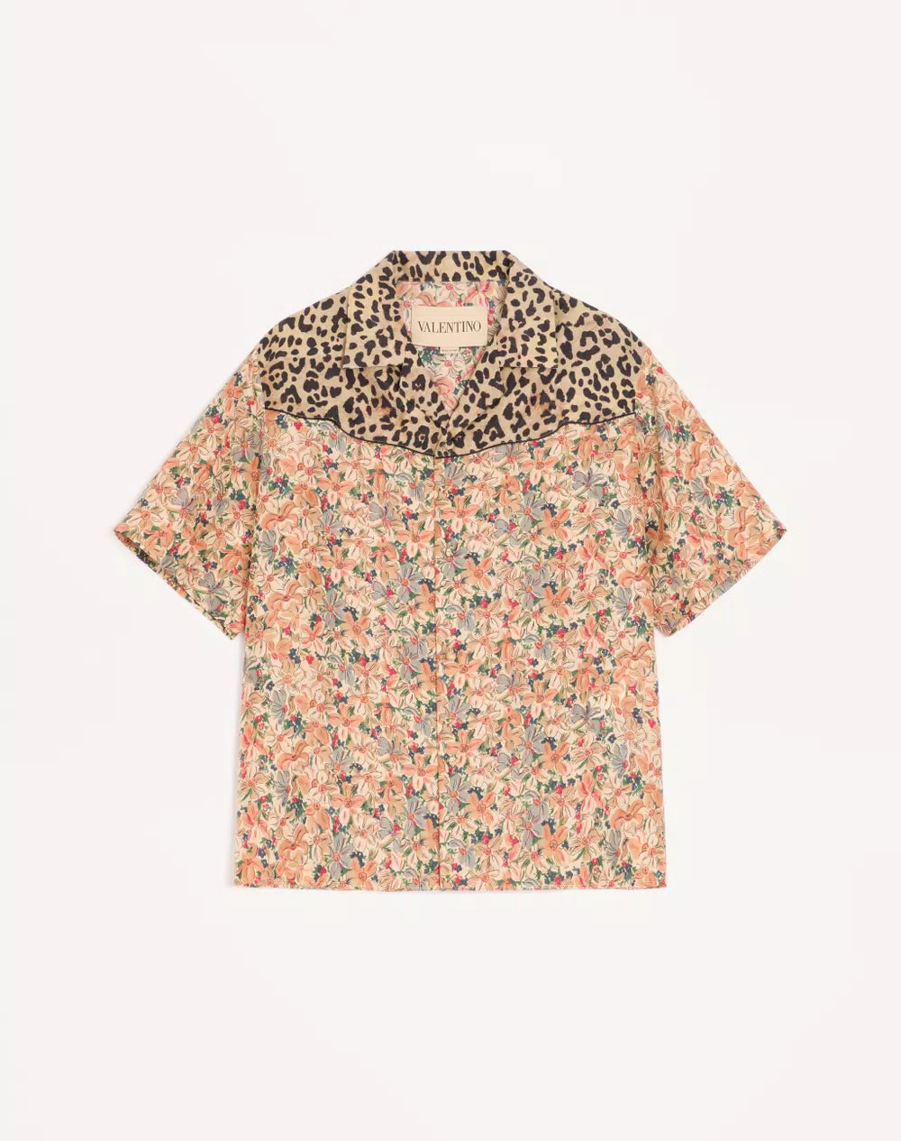 Valentino Bowling Shirt In Silk Poplin With Fauve Eclat Animalier And Papier Floral Prints