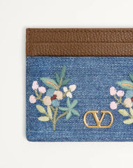 Valentino Garavani VLogo Signature Card Holder In Denim With Floral Embroidery