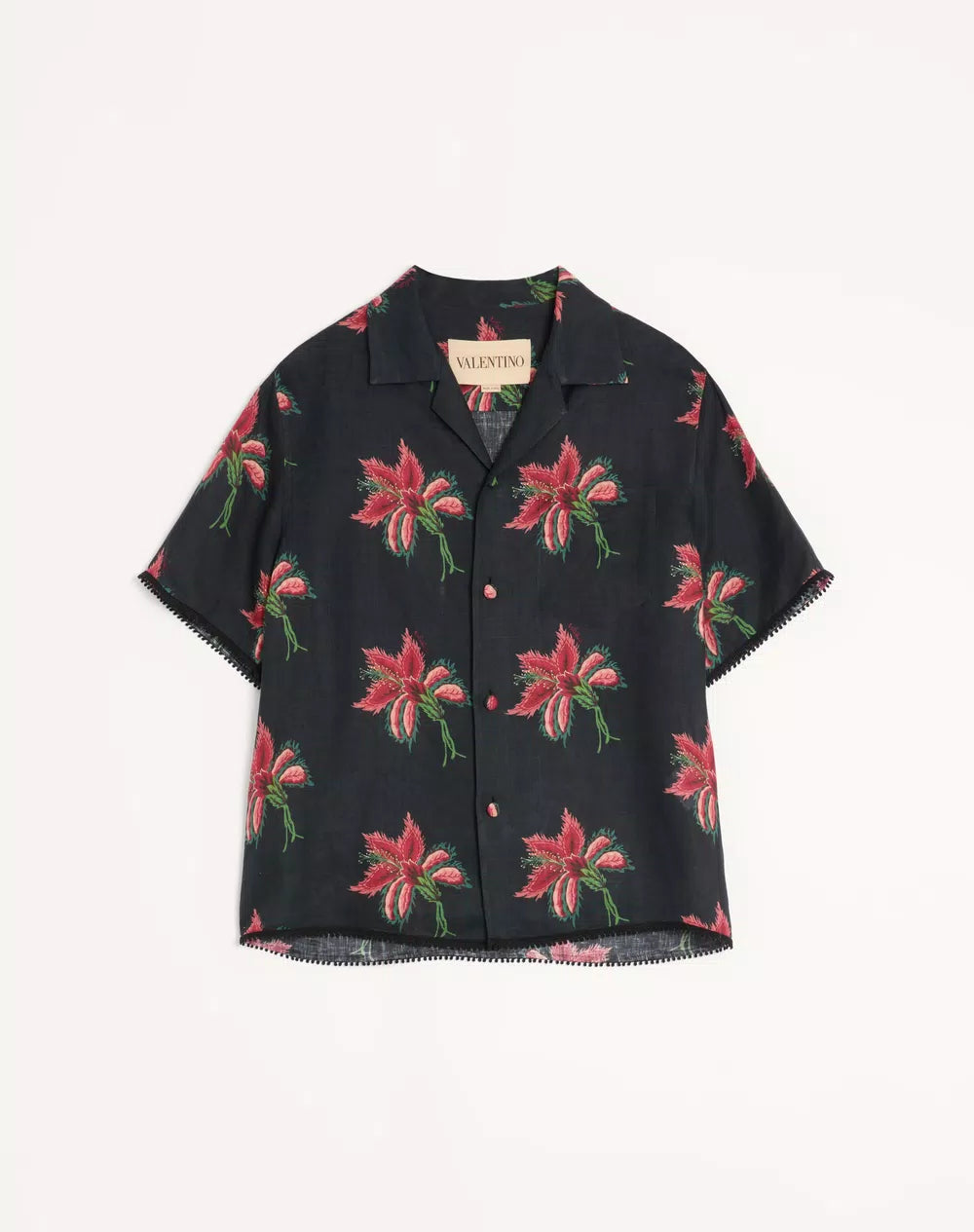 Valentino Linen Bowling Shirt With Papier Floral Print