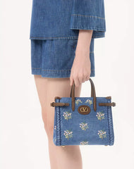 Valentino Garavani Antibes Small Embroidered Denim Shopping Bag
